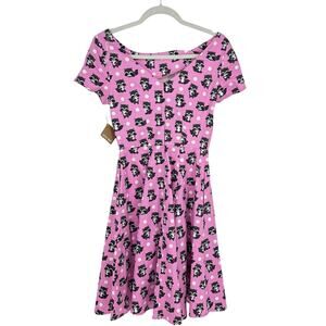 Attic Salt Retro Racoon Pink Dress Pockets Fit & Flare Stretch Cotton Pinup